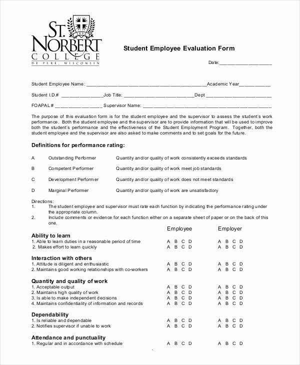 Student Performance Evaluation form Lovely Employee Evaluation form Example 13 Free Word Pdf