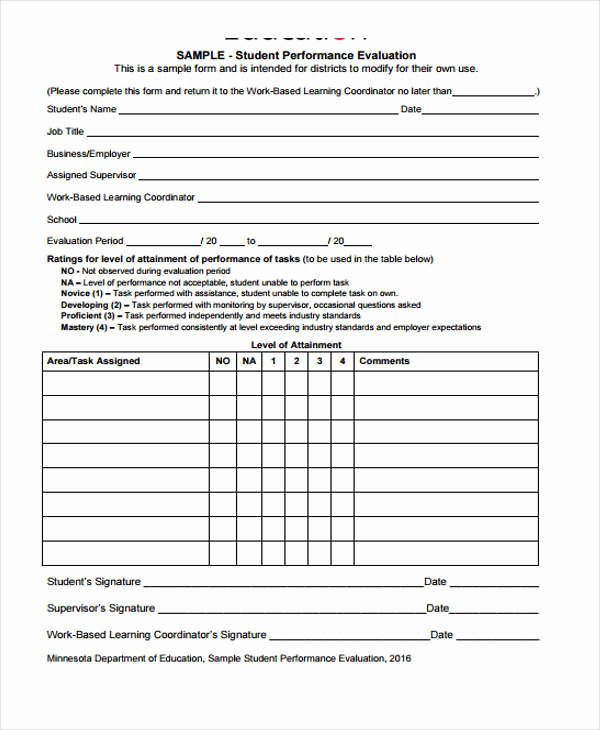 Student Performance Evaluation form Lovely Student Evaluation form In Pdf