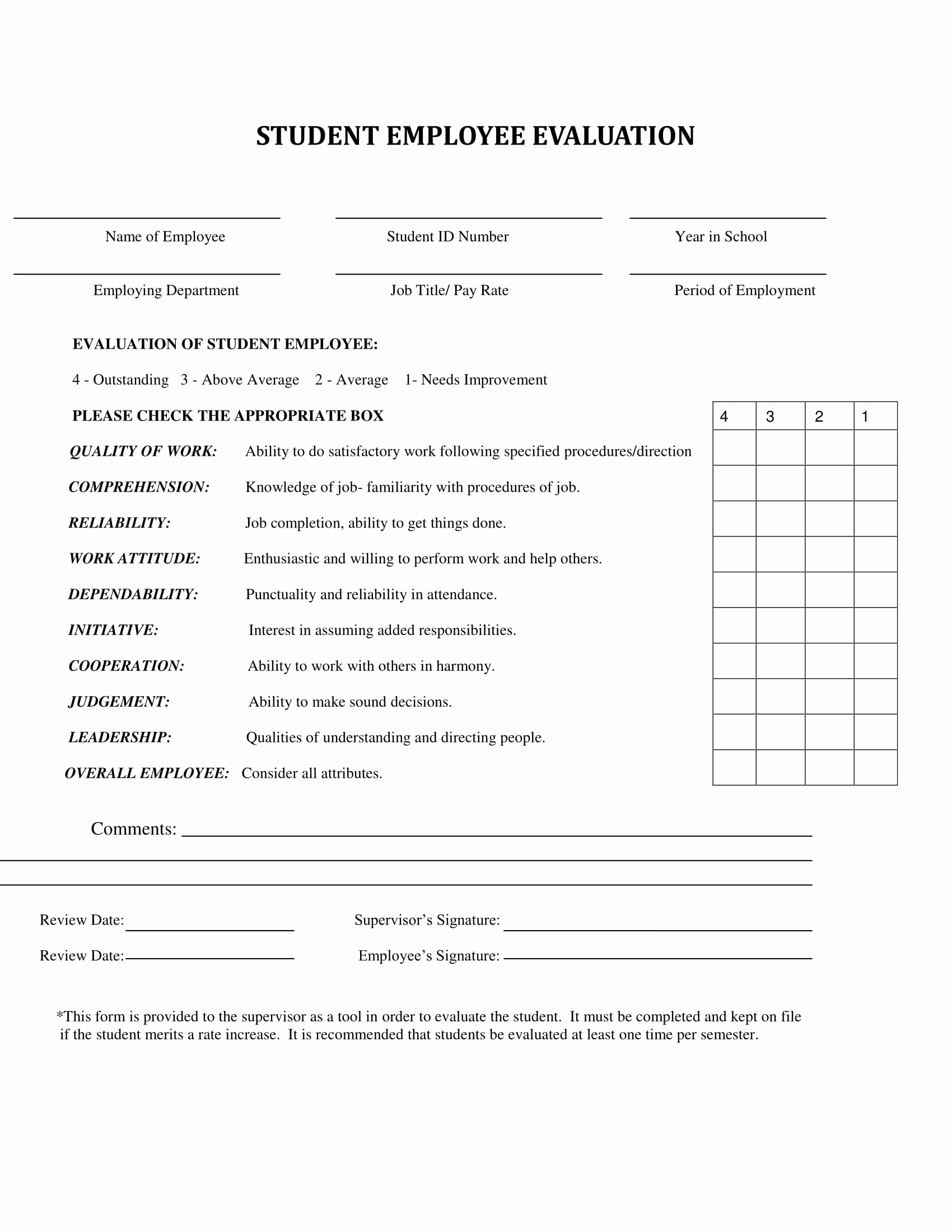 Student Performance Evaluation form Luxury 9 Employee Self Reviews forms Free Word Pdf format