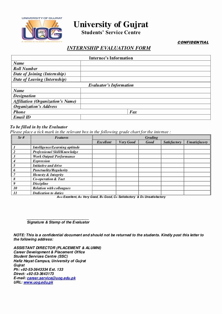 Student Performance Evaluation form New Uog Internship Evaluation form 2012