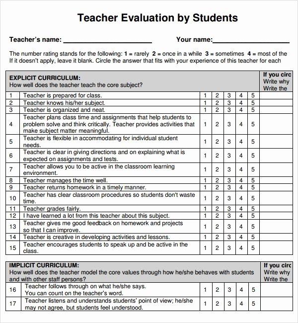 Student Performance Evaluation form Unique Teacher Evaluation form for Students