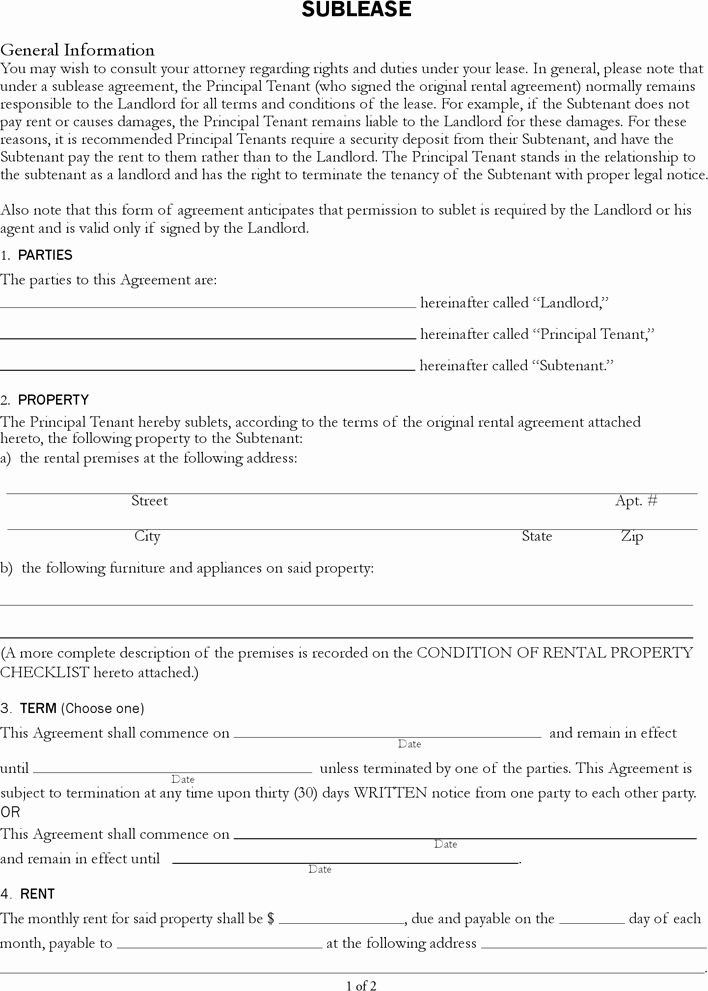 Sublease Template Free Fresh Free California Sublease Agreement Pdf 205kb