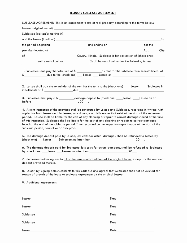 Sublease Template Free Fresh Free Illinois Sublease Agreement Template Pdf