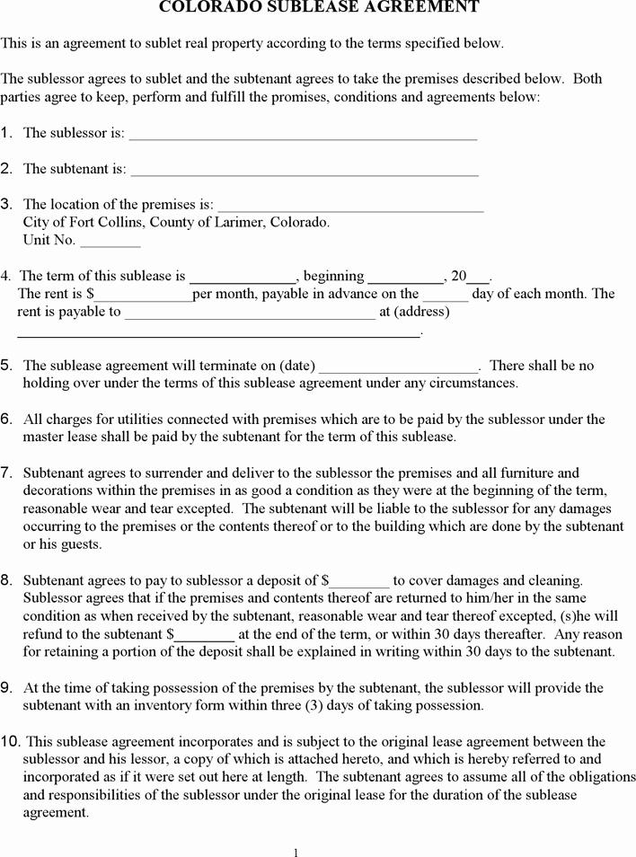 Sublease Template Free New Free Colorado Sublease Agreement Template Pdf