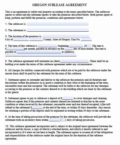 Sublease Template Free Unique Free oregon Sublease Agreement Template – Pdf – Word