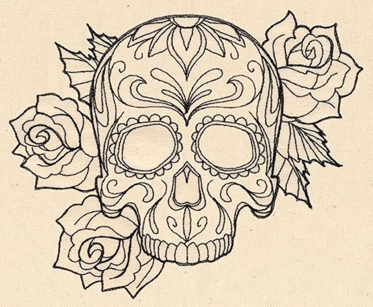 Sugar Skull Outline Fresh Black Outline Gangster Sugar Skull with Roses Tattoo