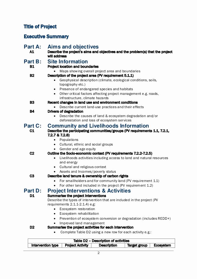 Summary Document Template Unique Project Design Document Template for Plan Vivo Projects