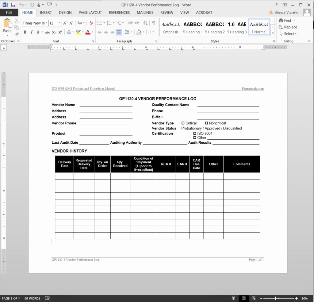 Supplier Audit Template Best Of Vendor Performance Log iso Template