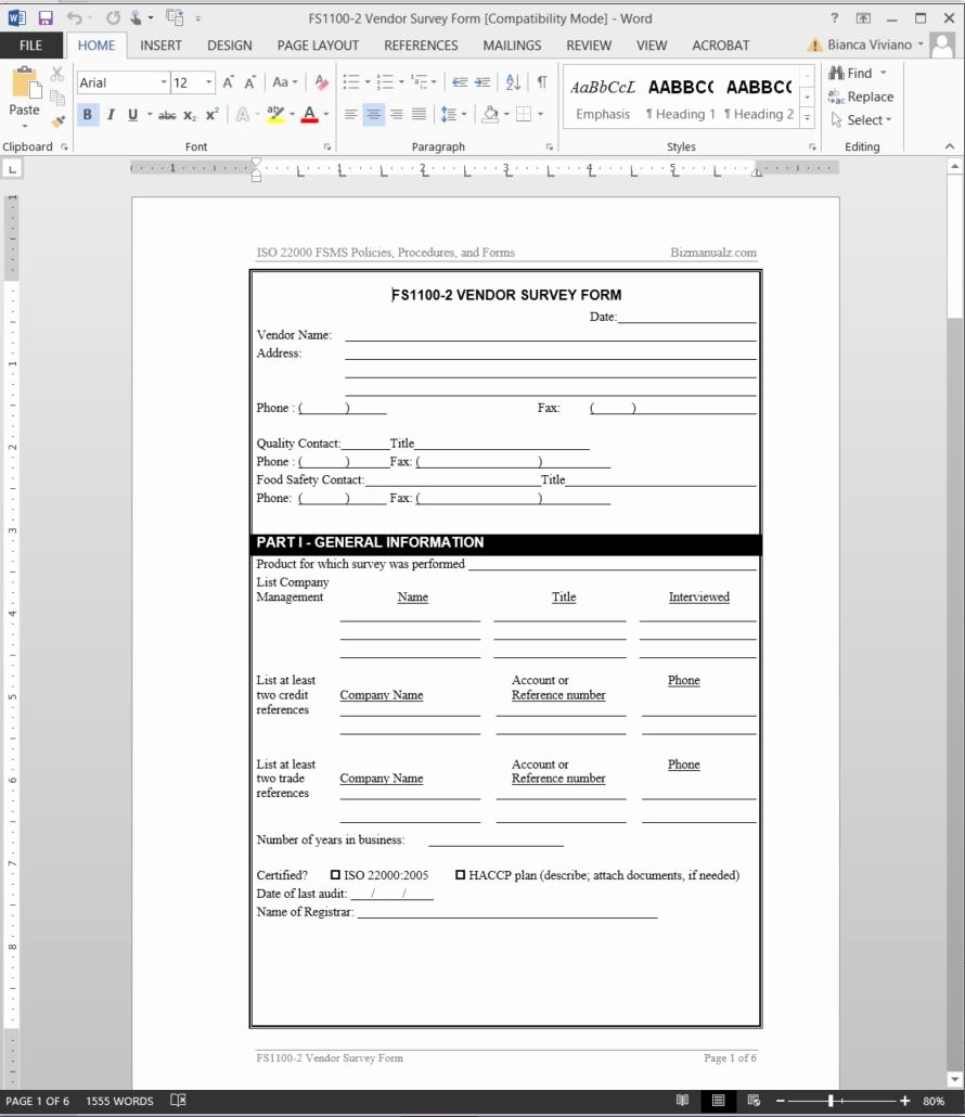 Supplier Audit Template Elegant Fsms Vendor Survey form Template