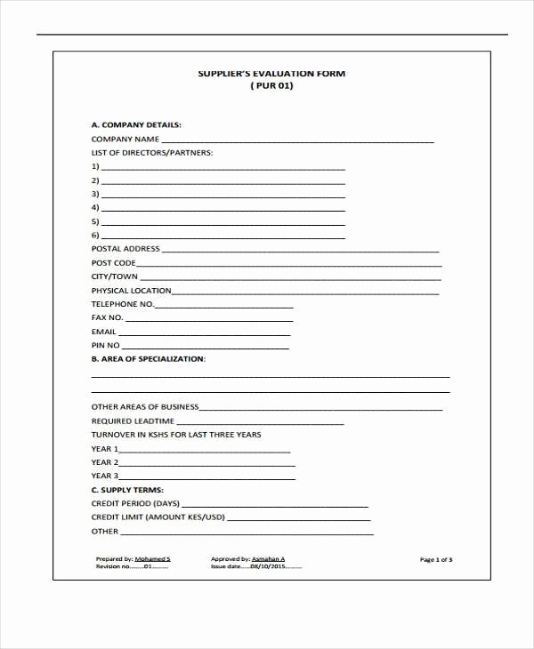 Supplier Evaluation Template Elegant 8 Supplier Evaluation form Samples Free Sample Example