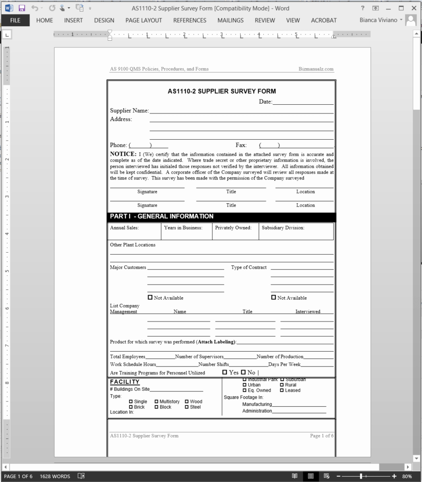Supplier Evaluation Template Elegant Supplier Survey form as9100 Template