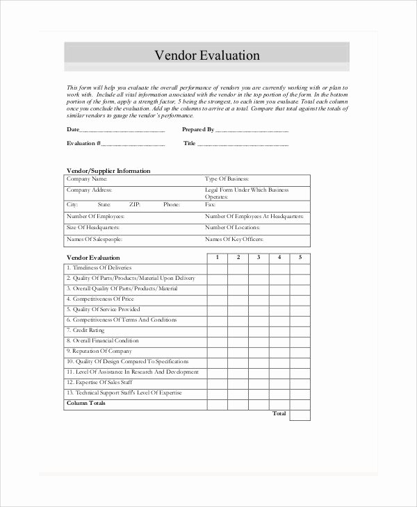 Supplier Evaluation Template New Sample Vendor Evaluation form 9 Examples In Word Pdf