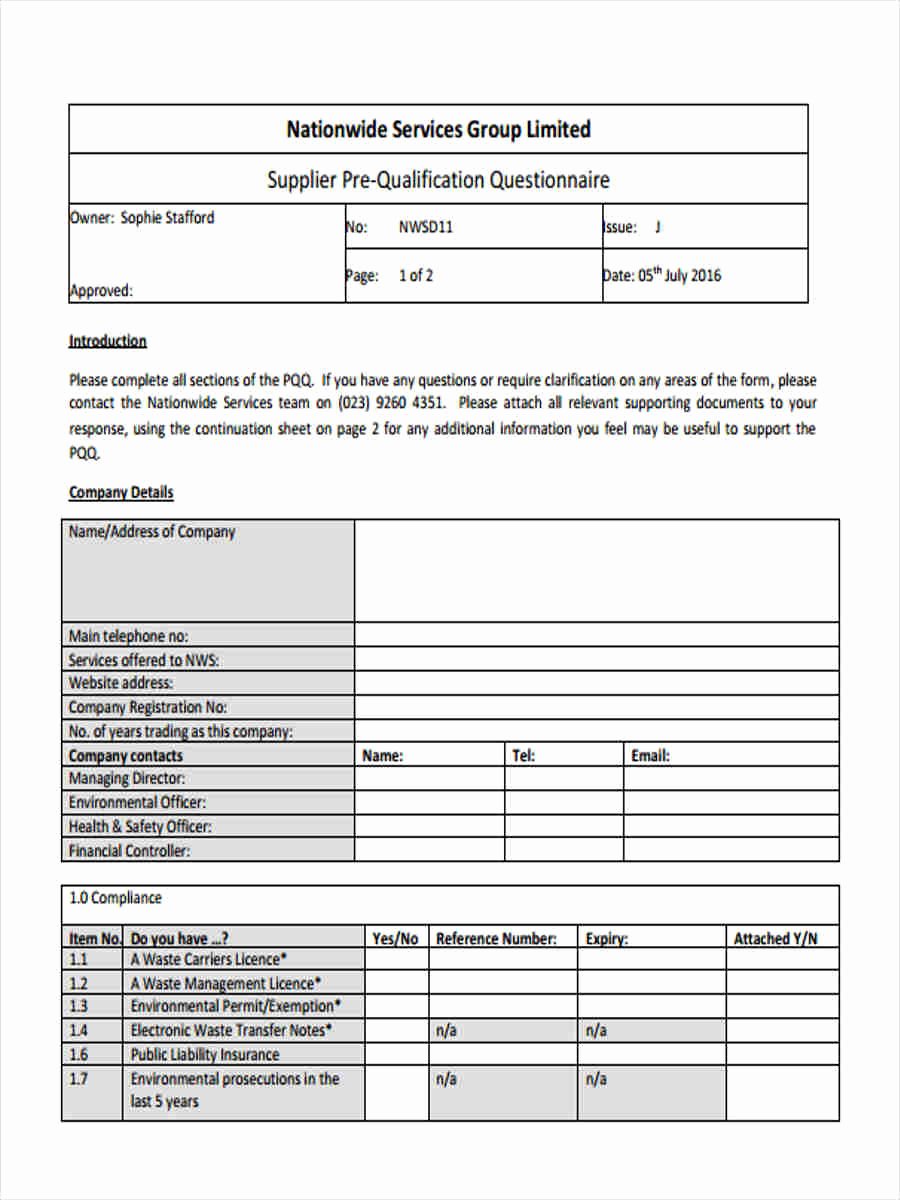 Supplier Questionnaire Template Fresh Distributor Questionnaire Template