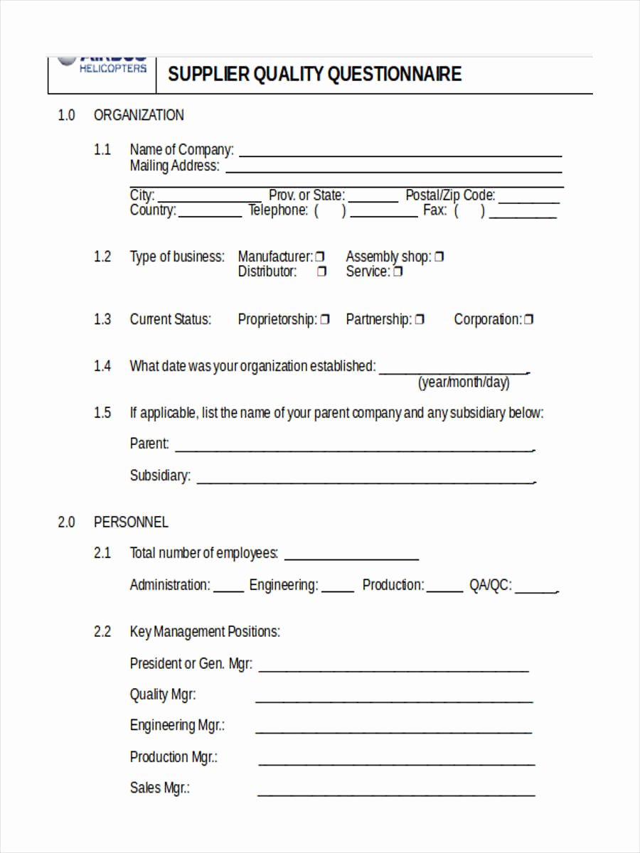 Supplier Questionnaire Template Inspirational Supplier Quality Survey Template