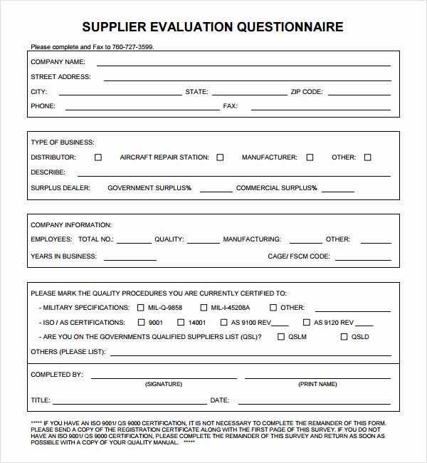 Supplier Questionnaire Template Unique 8 Sample Supplier Evaluations Pdf Word