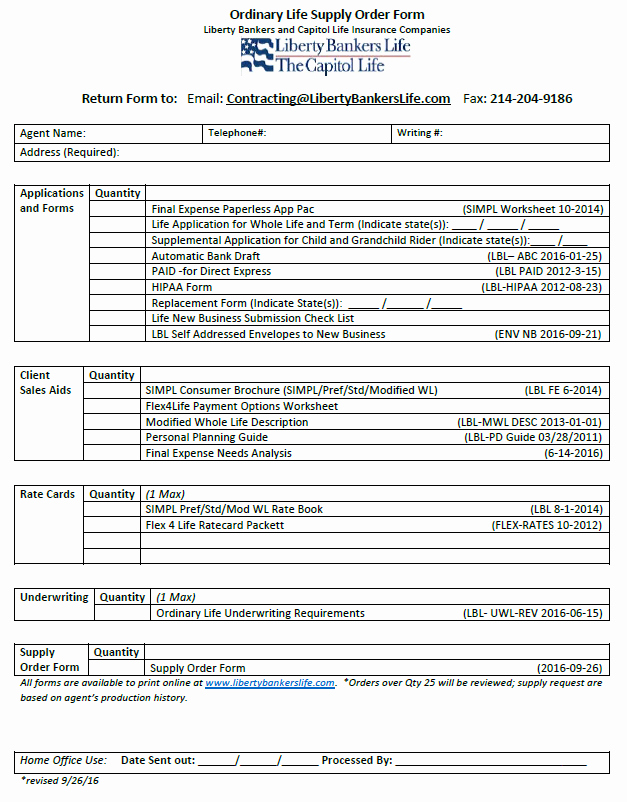 Supplies order form Beautiful Liberty Bankers