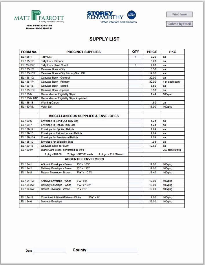 Supplies order form New Election Supplies and Envelopes