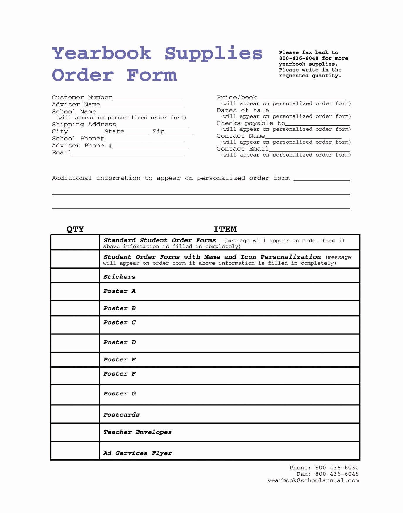 Supply order forms New Yearbook Supplies order form – School Annual by Jostens