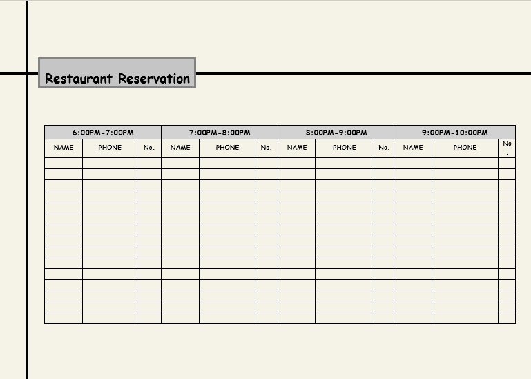 Table Reservation Template Best Of 2 Restaurant Reservation Log Templates Excel Xlts