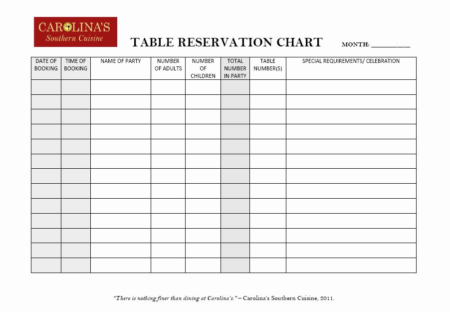 Table Reservation Template Lovely Restaurant Reservation Chart