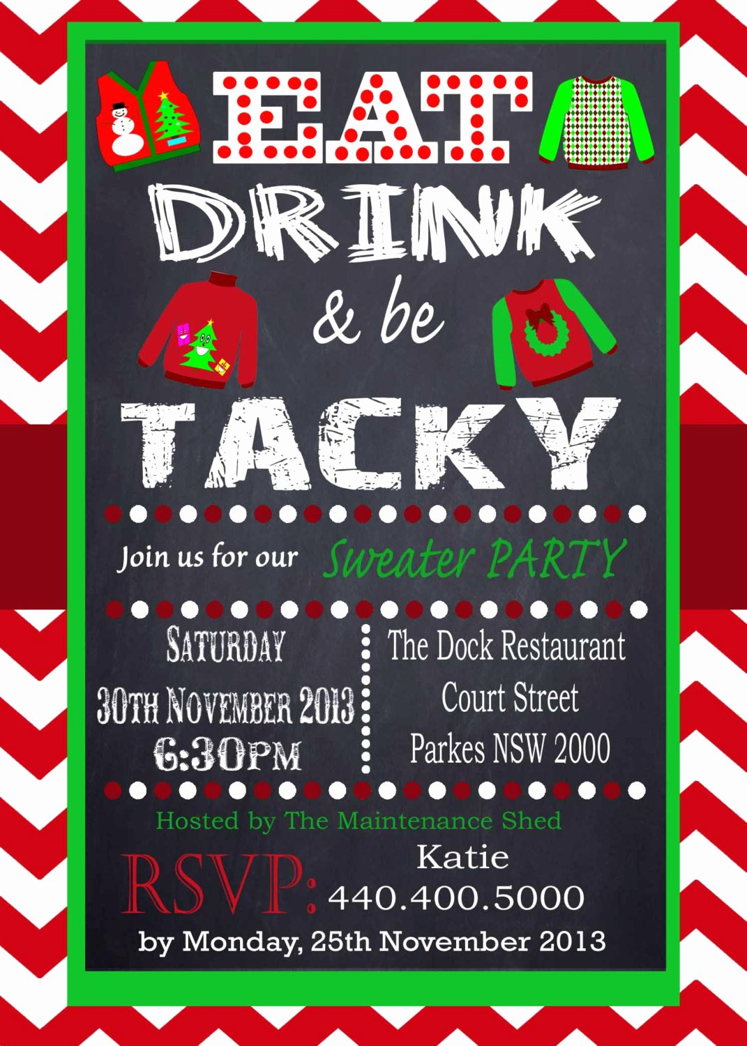 Tacky Christmas Sweater Party Invitation Wording Inspirational Tacky Sweater Party Invitation Chevron Red Chalkboard Uly