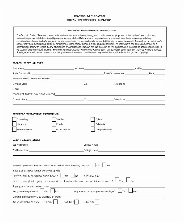 Teacher Application forms Awesome Sample Printable Job Application form 8 Free Documents