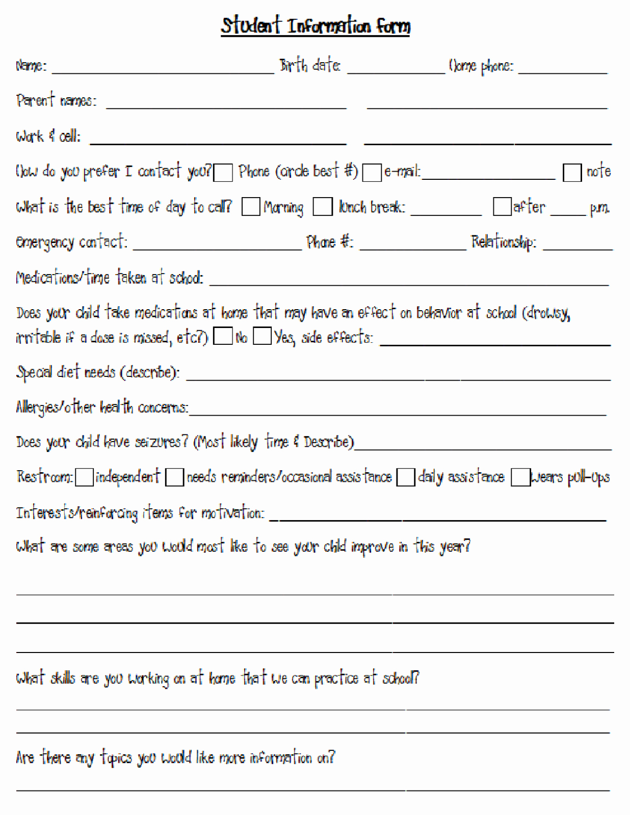 Teacher Application forms Beautiful Back to School Student Information form for Special Ed