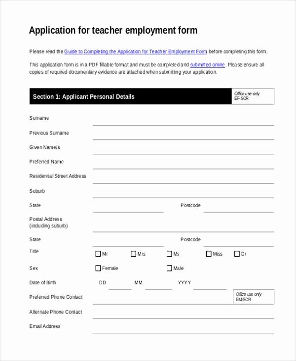 Teacher Application forms Fresh Sample Employment forms In Pdf 34 Free Documents In
