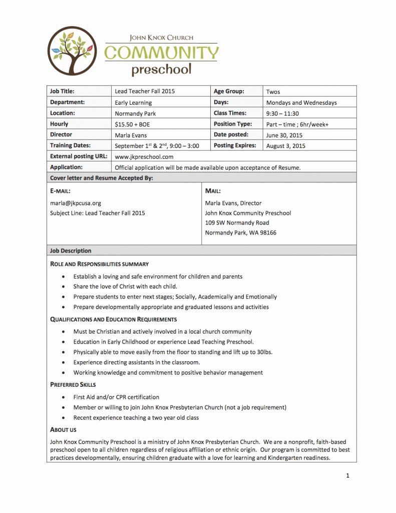 Teacher Application forms Inspirational Jobs John Knox Munity Preschool Hiring Lead Teacher