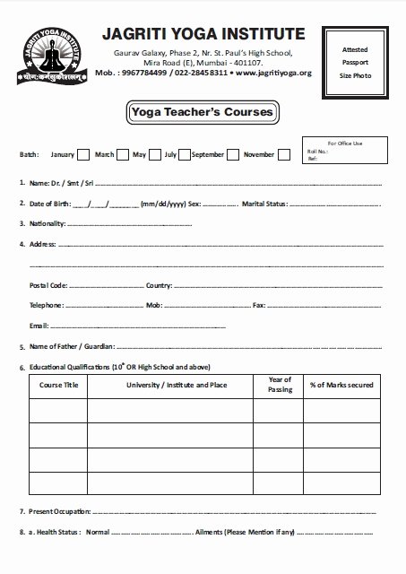 Teacher Application forms Luxury Jagriti Yoga Institute