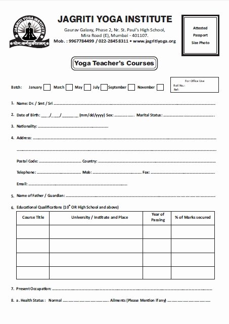 Teacher Application forms Luxury Jagriti Yoga Institute