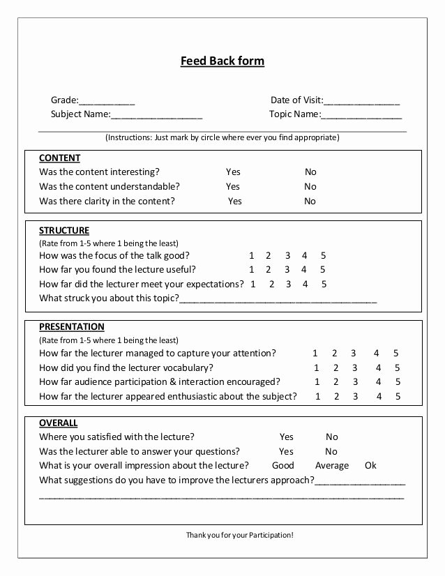 Teaching Feedback forms Awesome Feed Back form Grade Date Of Visit
