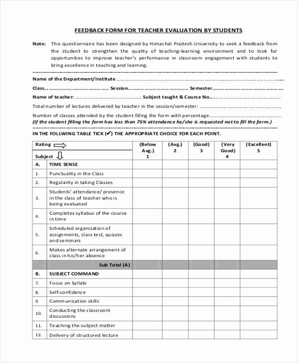 Teaching Feedback forms Fresh 7 Student Feedback form Samples Free Sample Example