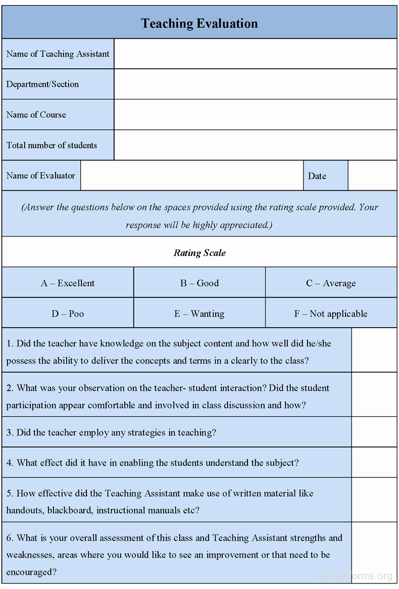 Teaching Feedback forms Inspirational Sample Teaching Evaluation form Sample forms