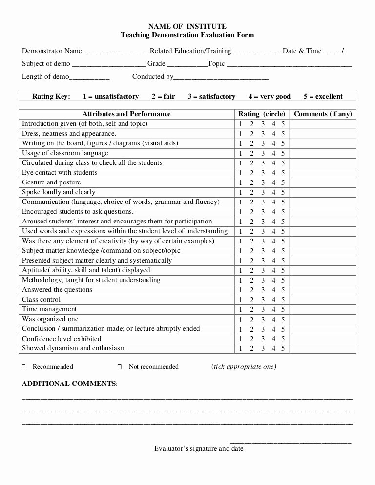 Teaching Feedback forms Lovely Teaching Demonstration Evaluation form
