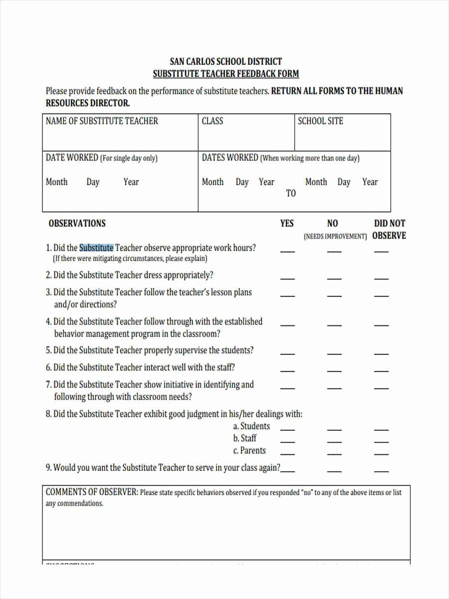 Teaching Feedback forms Luxury 17 Teacher Feedback form Templates