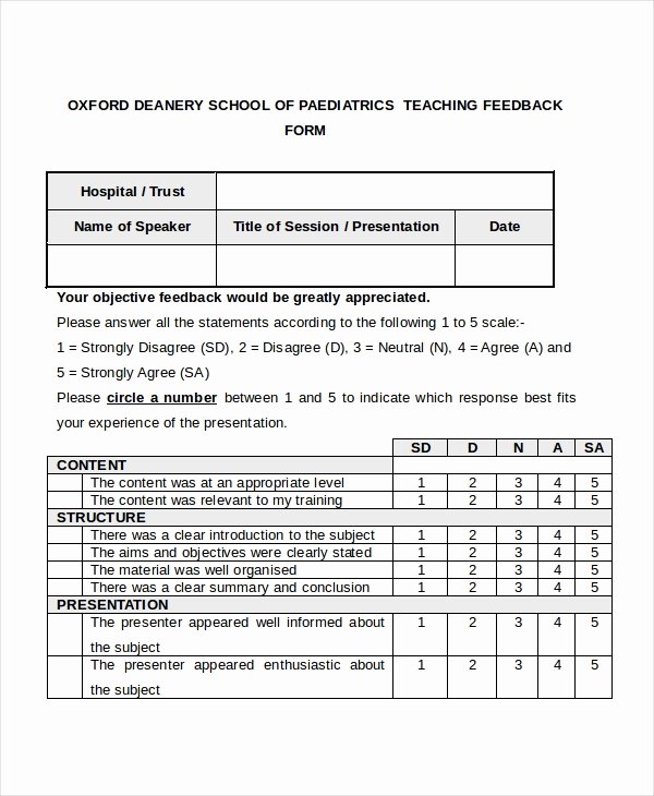 Teaching Feedback forms Luxury Sample Presentation Feedback forms 16 Free Documents In