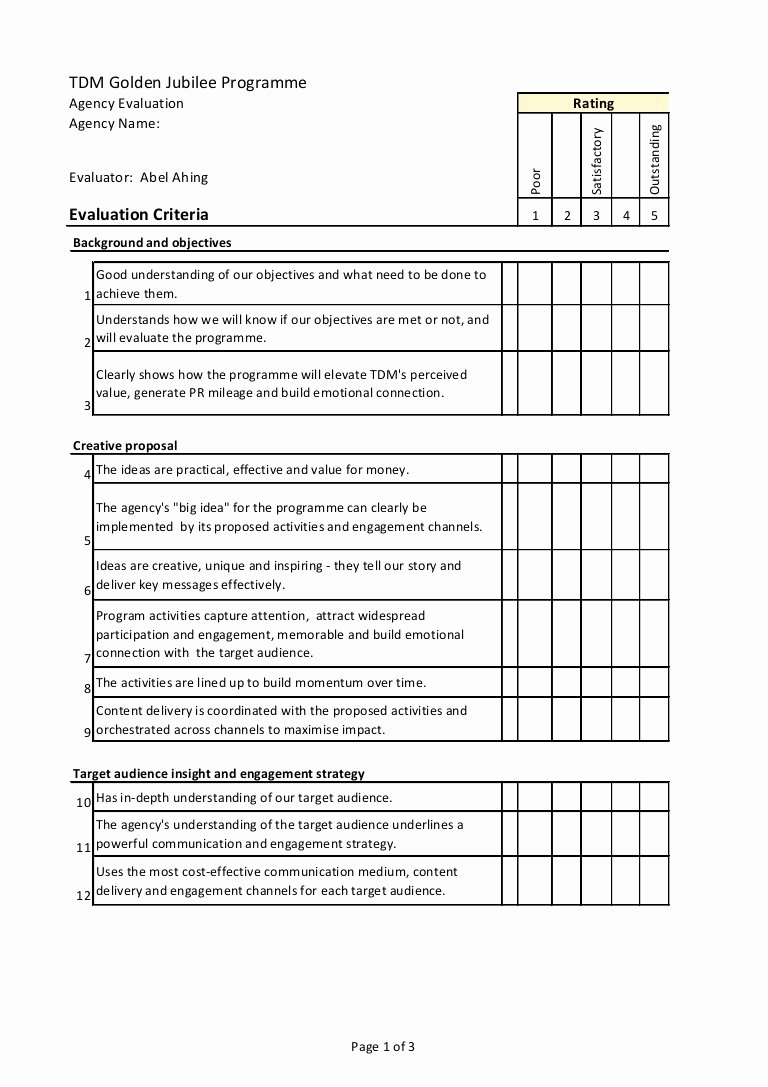 Technical Evaluation Criteria Template Awesome Evaluation for Pr and event Management Agencies