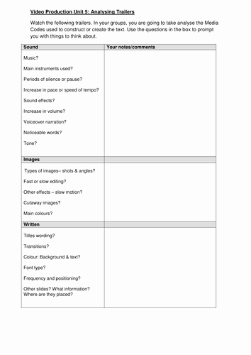 Text Analysis Response Template Lovely Analysing Trailers Worksheet by Mccabekat Teaching