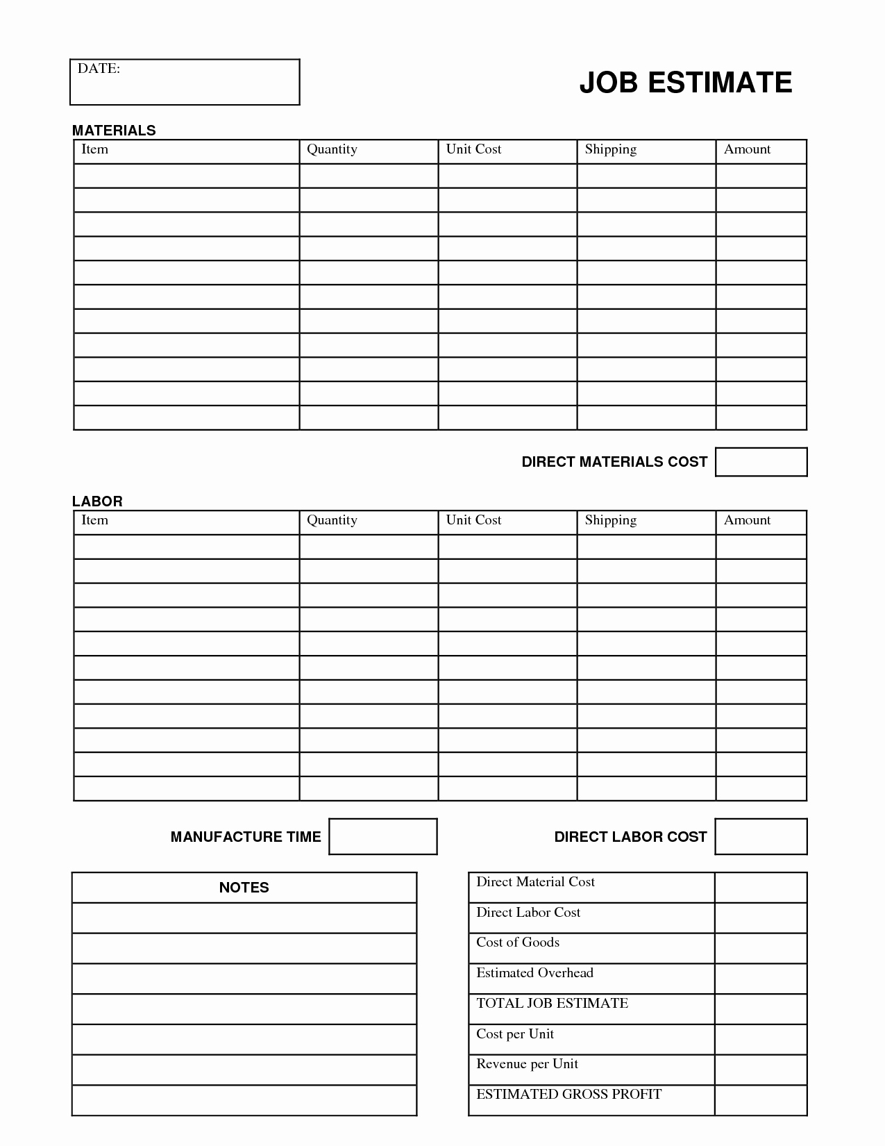 Time and Materials Template Unique Printable Job Estimate forms
