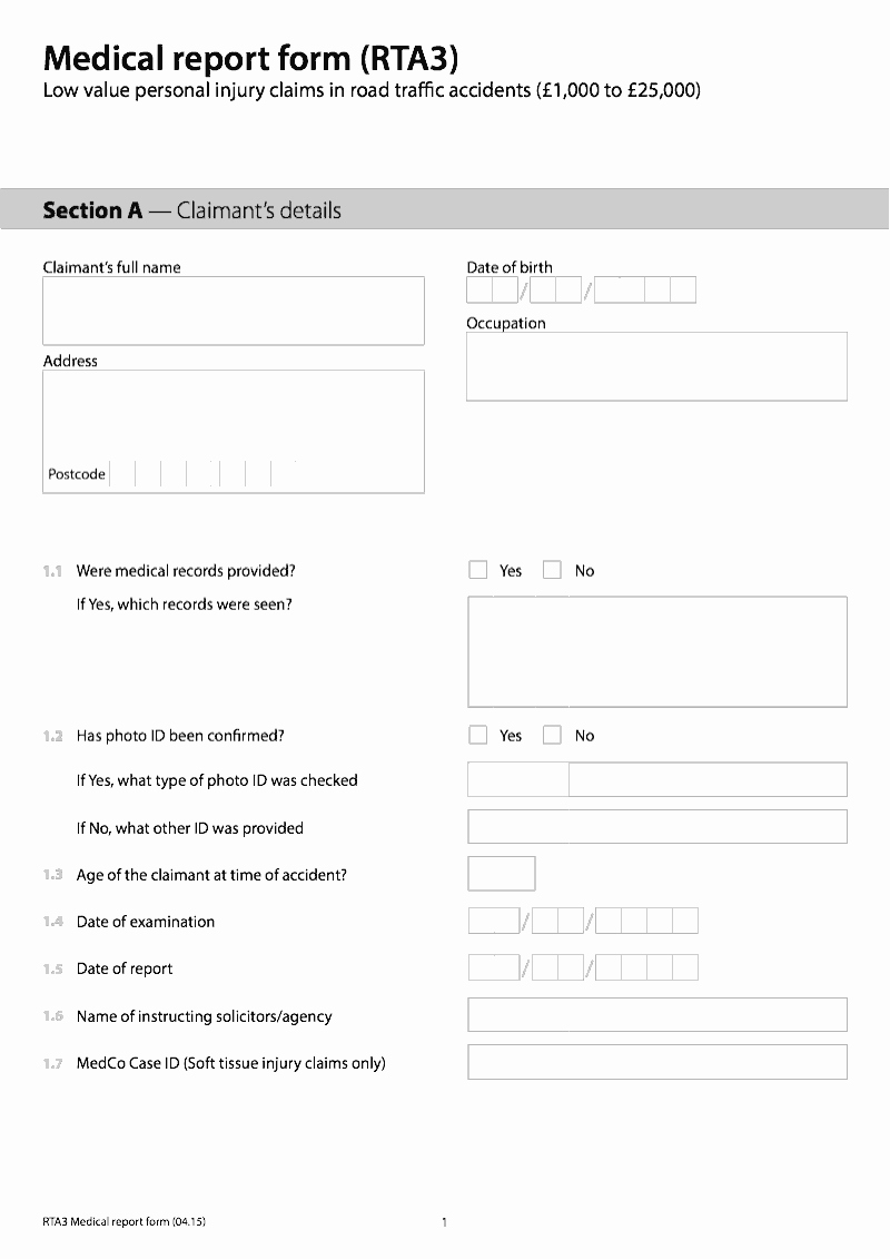 Traffic Accident form Luxury Rta3 Medical Report form Rta3 Low Value Personal Injury