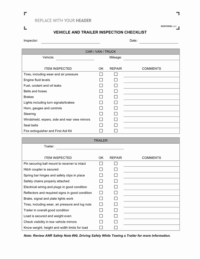 Trailer Inspection form Template Elegant Vehicle and Trailer Inspection Checklist In Word and Pdf