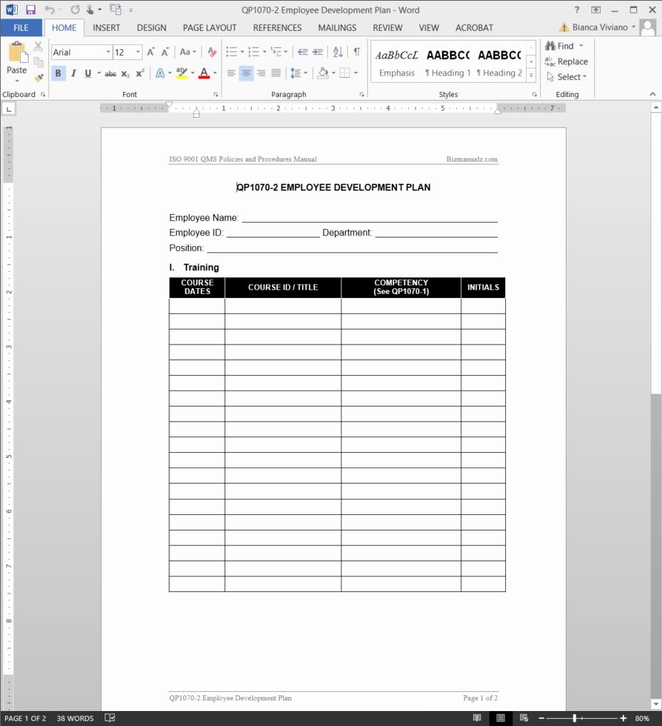 Training and Development Plan Template New Employee Development Plan iso Template