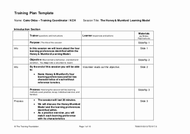 Training Development Plan Template Best Of Training Plan Template Honey &amp; Mumford Learning Model