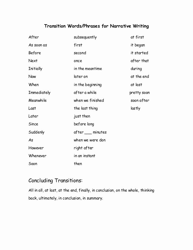 Transition Words for Papers New Transition Words Narrative