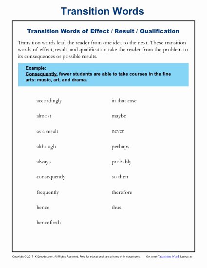 Transitions for Cause and Effect Luxury Transition Words and Phrases Lists and Worksheets