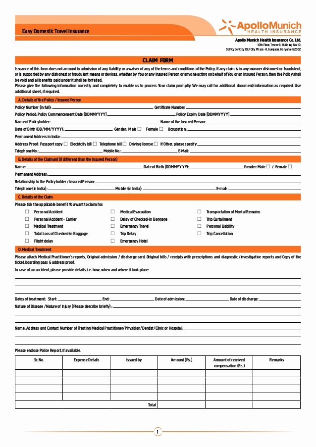 Travel Claim form Best Of Apollo Munich Easy Domestic Travel Insurance Claim form