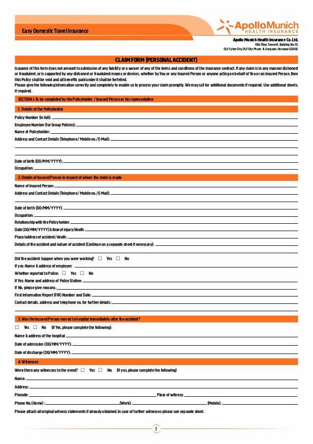 Travel Claim form Unique Apollo Munich Easy Domestic Travel Insurance Claim form