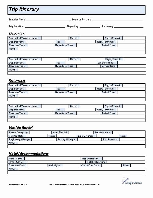 Travel Itinerary Template Word 2010 Awesome Printable Trip Itinerary