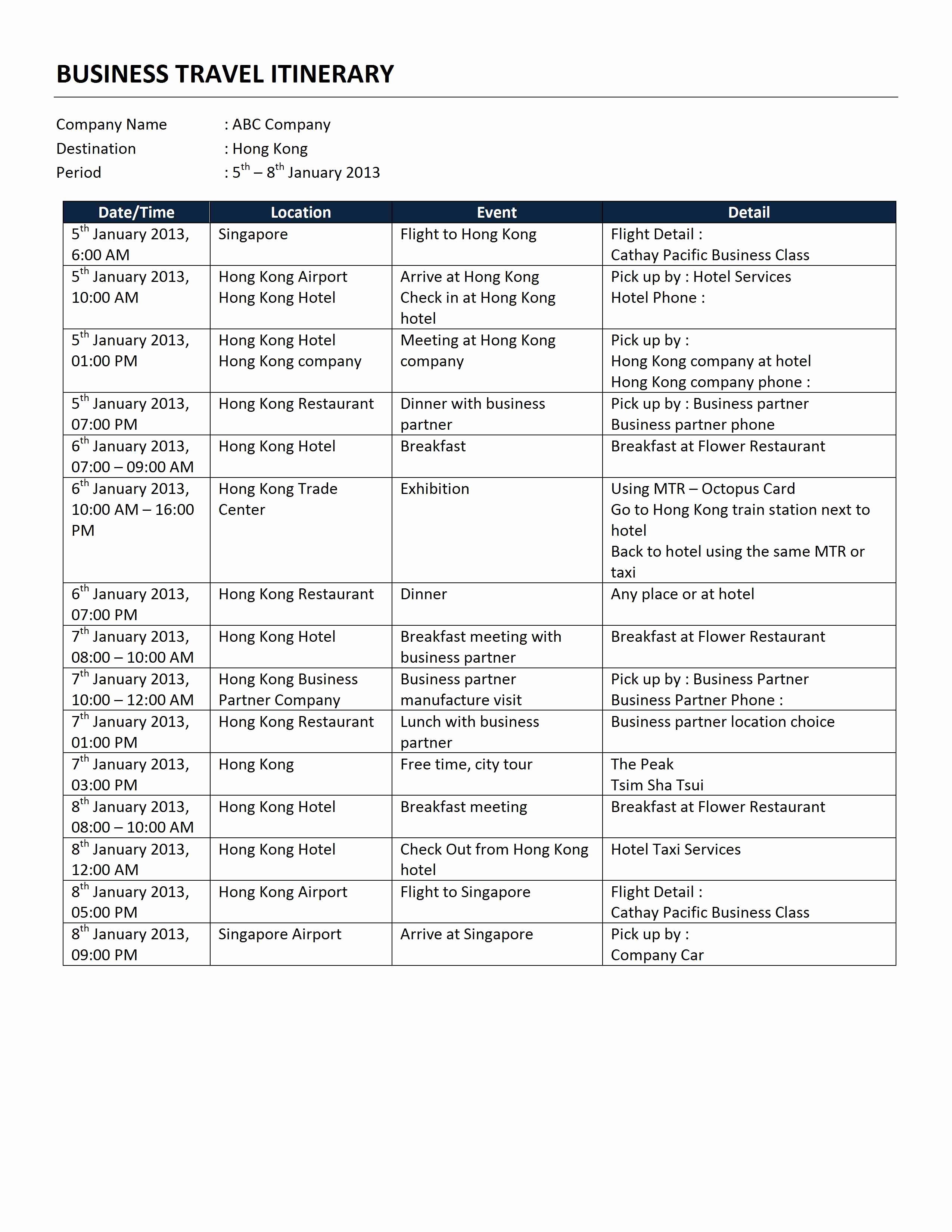 Travel Itinerary Template Word 2010 New Business Travel Itinerary Template